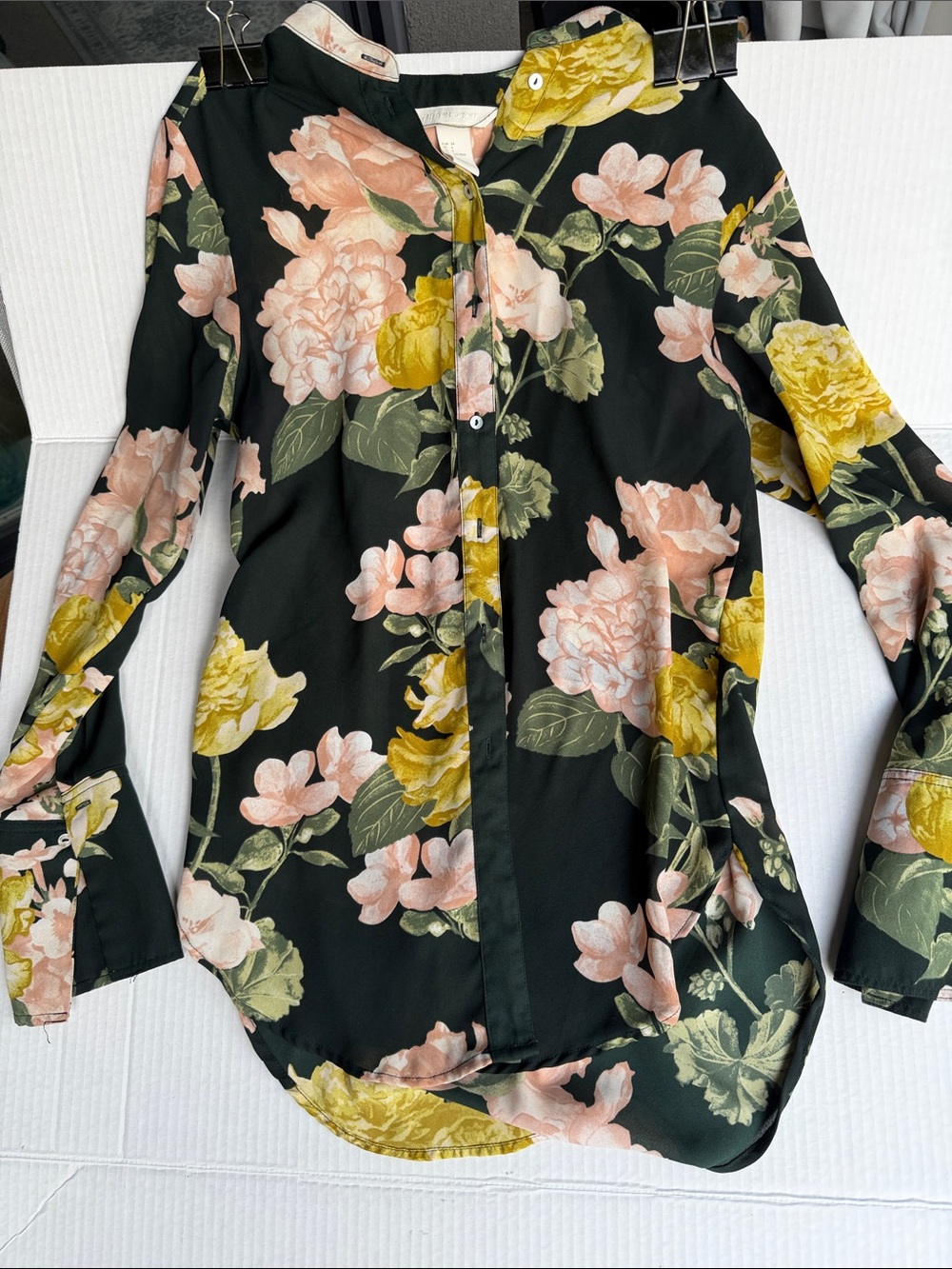 H&M Black Button-Down Blouse with Pink & Yellow Floral Print